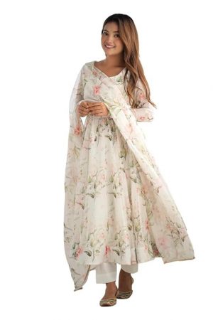 Vastra Saili Designer Women Organza Anarkali Floral Printed Kurta Pent Set with Dupatta Set Anarkali Kurti for Women