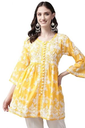 Ada Hand Embroidered Lucknow Chikankari Cotton Blend Floral Short Kurti Regular Fit Top Tunic For Women A911265