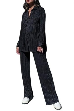 NUFIWI Women Y2K 2 Piece Pants Set Oversized Floral Printed Button Down Shirt High Waist Pants Outfits Summer Streetwear, Solid Black, Medium