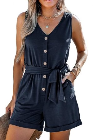 CUPSHE Women's V Neck Belted Button Romper Sleeveless Short Jumpsuit Rolled Pants Outfit