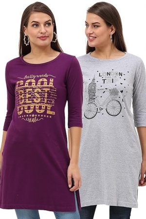 FLEXIMAA Women's Cotton Printed Round Neck 3/4 Sleeve Long Top