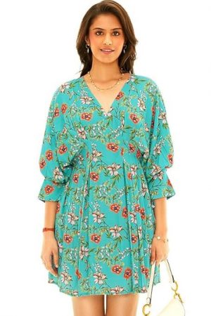 PRETTY PIXIE Women's Short Dress Orchid – Caribbean Jade | Cotton, V-Neck, Relaxed Fit | Trendy Casual Summer, Beach & Vacation Essential | Dress for Woman