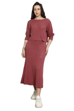 HIGH STAR Women Summer Cotton Long Sleeves Round Neck Top & Skirt Co-Ords Pink