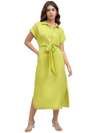 DL Woman Solid Shirt Collar Belted Midi Dress