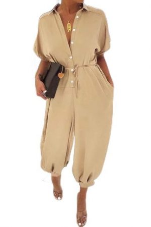 Women Plus Size Jumpsuit Solid Leopard Printed Pockets Buttons Front Belted Waist Casual Loose Rompers S-5XL-Layfoo