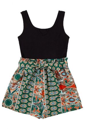 SOLY HUX Women's Summer Sleeveless Striped Belted Tank Romper Short Jumpsuit, Black Printed, Medium