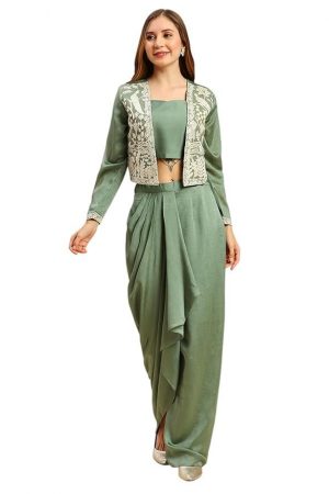 madhuram women'S Vichitra Silk Dhoti Skirt And Choli With Short Coti Set For Solid With Heavy Embroidery Work Set(M-2459)