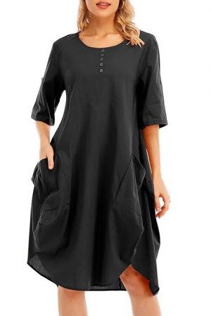 Belity Women Tunic Dress Roll-up Short Sleeve Comfortable Cotton Pockets Irregular Hem Solid Baggy Midi Dress