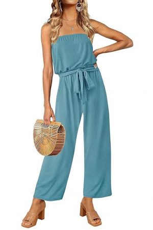 ZESICA Women's 2023 Casual Off Shoulder Solid Color Strapless Belted Wide Leg Jumpsuit Romper, Sage, Medium