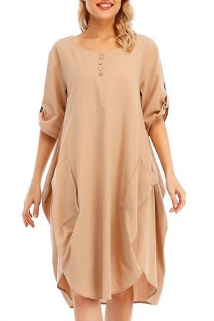 Belity Women Tunic Dress Roll-up Short Sleeve Comfortable Cotton Pockets Irregular Hem Solid Baggy Midi Dress