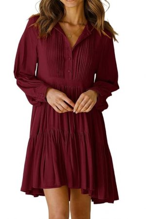 R.Vivimos Womens Fall Long Sleeve Casual Cotton Ruffle Button Down Loose Fit Mini Dress