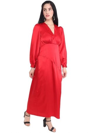 AUDRAPE Women's Red Maxi Dress Plain Satin Western Dress Xtra Large