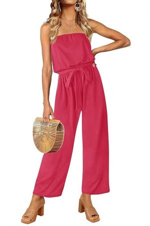 ZESICA Women's Casual Off Shoulder Solid Color Strapless Belted Wide Leg Jumpsuit Romper, Teaberry, XX-Large