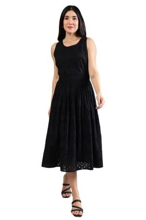 PEPPINOS Women Black Schiffli Dress in Cotton