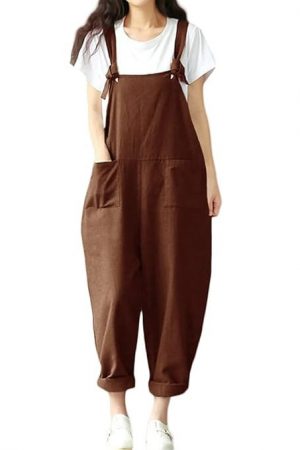 New Women Loose Jumpsuit Overalls Solid Sleeveless Pockets Wide Legs Casual Dungarees Playsuit Rompers-Layfoo