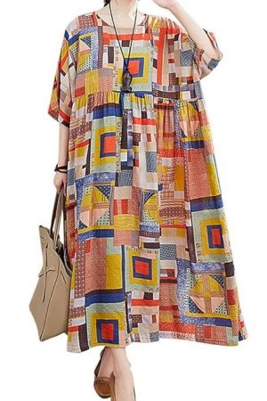 Women Cotton Linen Dress O-Neck Short Sleeves Pockets Floral Print Pleated Hem Plus Size Vintage Long Dress Belity