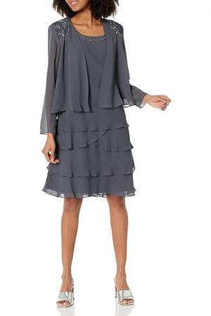 S.L. Fashions Women's Embellished Tiered Dress with Jacket