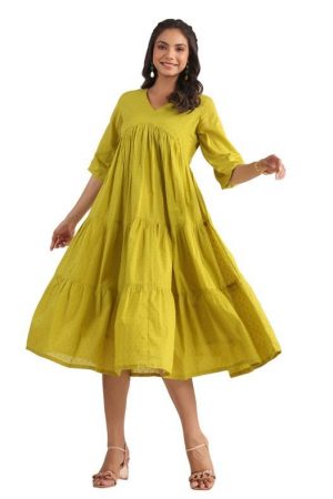 Janasya Women's Dobby Cotton A-Line Midi Dress