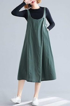 Homgee Women Cotton Linen Pinafore Midi Dress Wide Straps Buttoned Chest Pockets Open Back A Line Casual Loose Overall Dress, Medium, Green