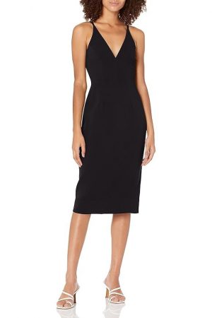 Dress the Population Women's Lyla Plunging Sleeveless Fitted Midi Sheath