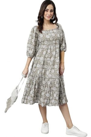 Janasya Women's Pure Cotton Floral Printed Tiered Dress