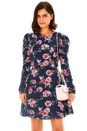 PRETTY PIXIE Women's Short Dress Picnic – Midnight Rose | Cotton, Round Neck, Trendy & Comfortable | Casual Summer & Outdoor Picnic Dress for Woman