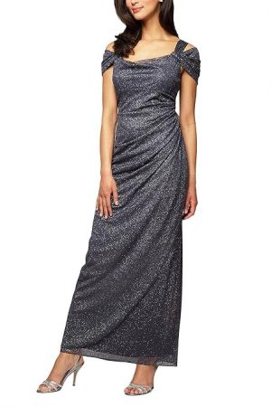 Alex Evenings Women's Cold-Shoulder Glitter Dress with Side Ruched Skirt
