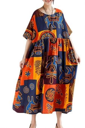 Women Vintage Loose Dress Contrast Color Print Half Sleeves Robes Oversized Cotton Linen Casual Dress Belity