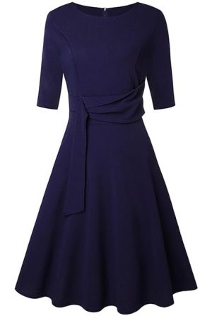 Janzoom Women Round Neck Dress, Elegant Flowy Hem Slim Fit Tie Waist Dress Half Sleeve for Women for Dating for Vacation XL Purplish Blue