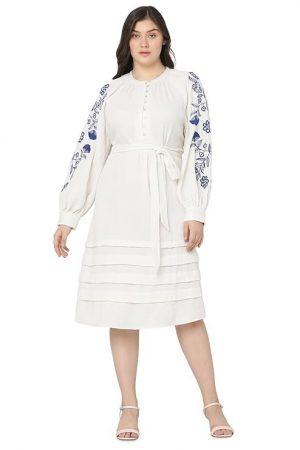 VERO MODA CURVE Self Design Floral Embroidered Cotton Fit & Flare Dress