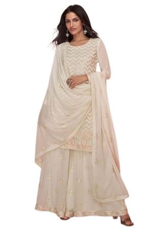 Miss Ethnik Women's White Chinon Stitched Top With Stitched Chinon Bottom and Chinon Dupatta Full Sleeve Embroidered Straight Kurta Set (ME-1160)