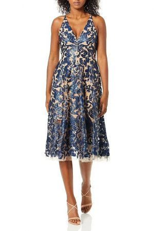 Dress the Population Women's Claudia Plunging Long Sleeve Sequin Lace Mini