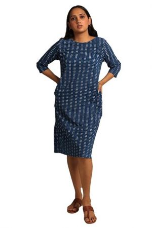 REEPEAT "KSHAMA Women's Indigo Cotton Hand Block Printed Dress with Center Back Slit - Artisanal Elegance and Unique Design|Indigo|XXL|
