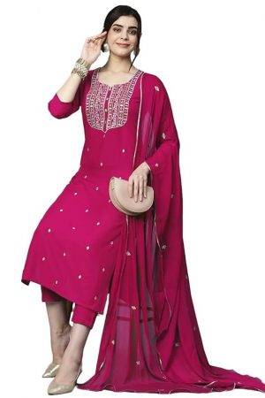 GoSriKi Women's Cotton Blend Embroidered Straight Kurta with Pant & Dupatta