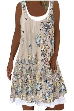 Dresses for Women Stylish Indian, Women's Summer Fashion Casual Round Neck Print Sleeveless Patchwork Short Dress