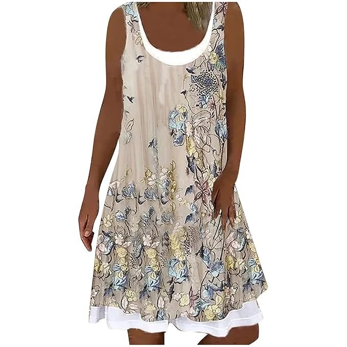 Dresses for Women Stylish Indian, Women's Summer Fashion Casual Round Neck Print Sleeveless Patchwork Short Dress