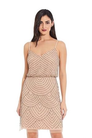 Adrianna Papell Women's Sleeveless V-Neck Blouson Beaded Cocktail Dress