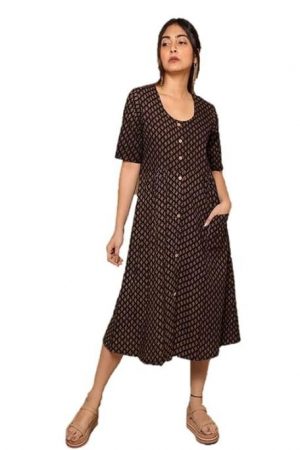 Gleamberry Women's Black Ajrakh Cotton Dress Unique Design and Timeless Style for Every Occasion