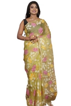 Bengal looms India- Elegant Jangla Jaal Lotus Motif Work Muslin Silk Dhakai Jamdani Saree with Blouse Piece for Festivals and Occasions