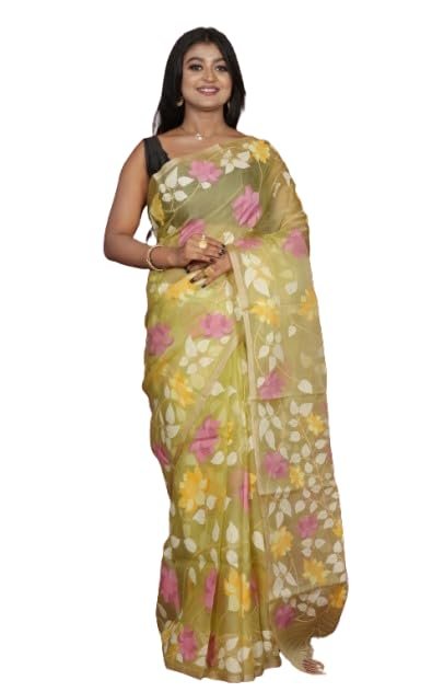 Bengal looms India- Elegant Jangla Jaal Lotus Motif Work Muslin Silk Dhakai Jamdani Saree with Blouse Piece for Festivals and Occasions