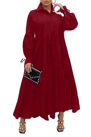 Women's Long Sleeve Maxi Shirt Dress Elegant Button Down Loose Swing Party Dress, 87 Burgundy, M