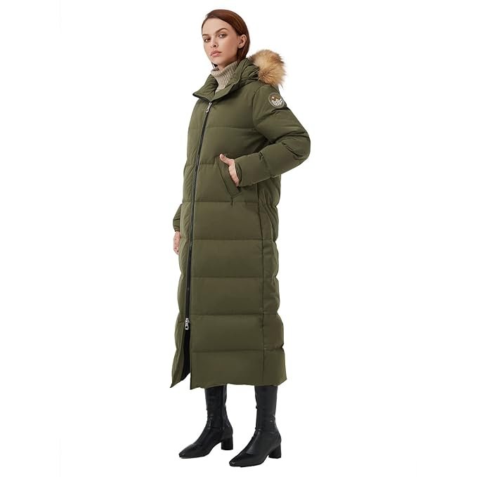 Fitouch Women's Waukee Long Down Coat Parka Jacket | 750+ Fill Power | Full-Length, Olive_fullcuard_balancewarmer, Large