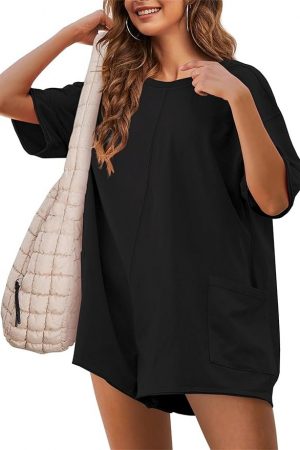 Lianlive Rompers for Women Short Sleeve Oversized Athletic Rompers Reversible Workout Overalls Hot Shot Tee Romper Onesie