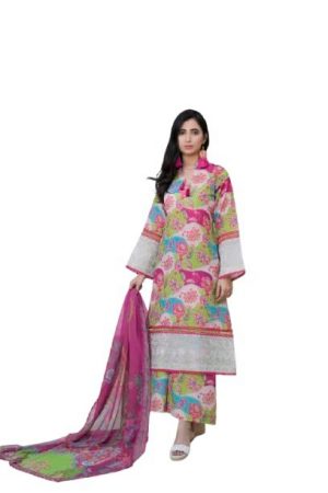 THE COTTON LAWN SHOP Women's 3 Piece Printed Cotton Salwar Suit Dupatta With Embroidered Neck Patch lace Dress Material - Pink