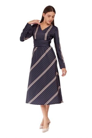 Fable Street Women Satin Fit and Flare Dress - Blue|Perfect for Casual, Office, and Everyday Outfits