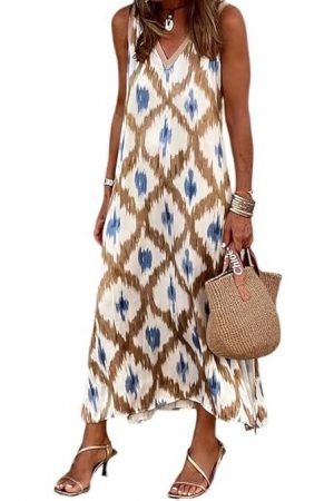 QUECY Women's Fashionable Brown V-Neck One Piece A-line Sleeveless Midi Dress