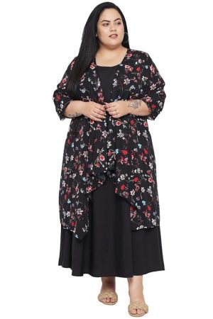 Indietoga Women's Plus Sizes Solid Long Maxi Dress with Floral Printed Shrug (Fit and Flare 2XL to 10XL)