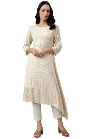 W for Woman Women's Rayon Asymmetric Paisley Print Kurta in Boat Neck