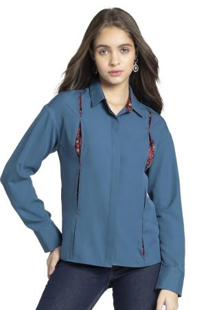 SHAYE Spread Collar Blue Printed Long Sleeves Casual Shirts for Women