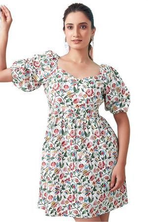 Selvia Western Dress for Women| Floral Printed Short Sleeve Crepe Western Dress for Women | Sweetheart Neck A-Line Dress for Women | One Piece Dress for Women